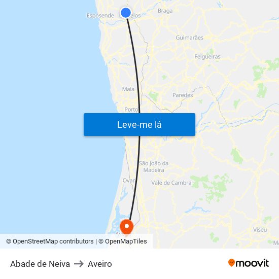 Abade de Neiva to Aveiro map