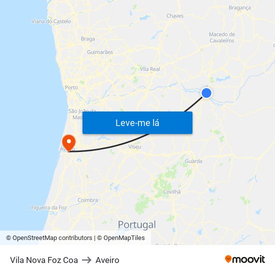 Vila Nova Foz Coa to Aveiro map