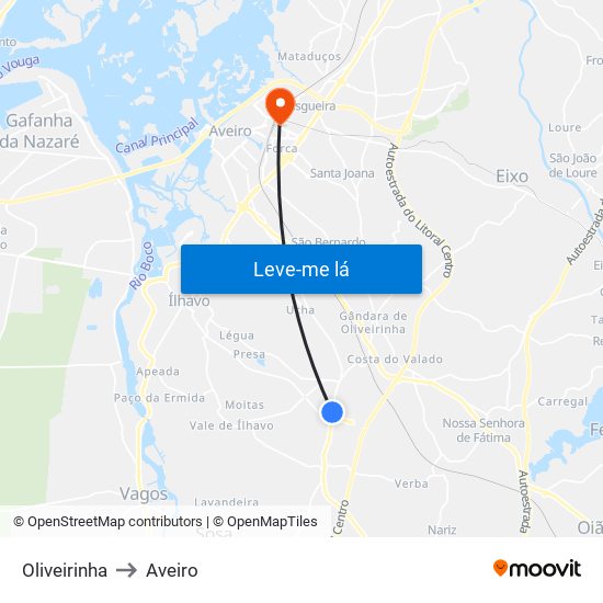 Oliveirinha to Aveiro map