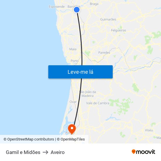 Gamil e Midões to Aveiro map