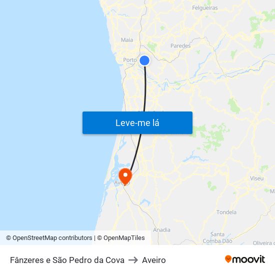 Fânzeres e São Pedro da Cova to Aveiro map