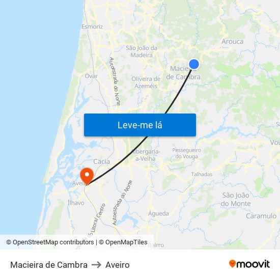Macieira de Cambra to Aveiro map