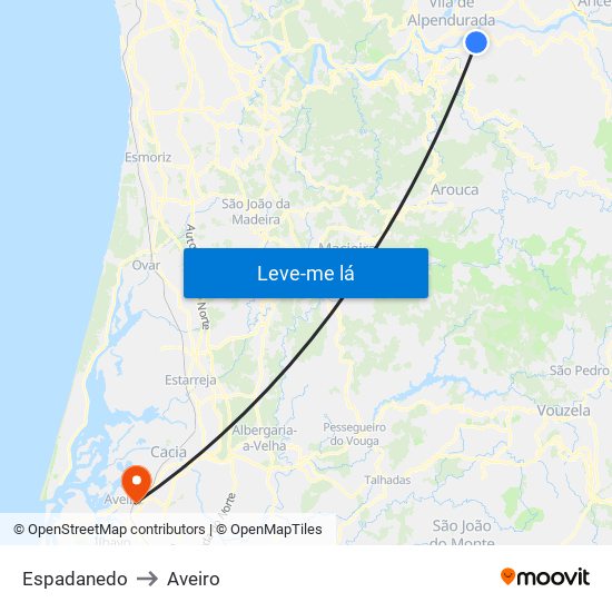 Espadanedo to Aveiro map
