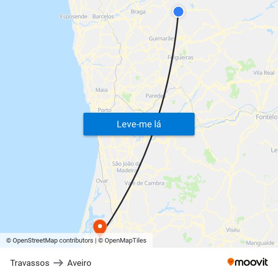 Travassos to Aveiro map