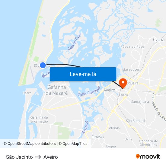 São Jacinto to Aveiro map