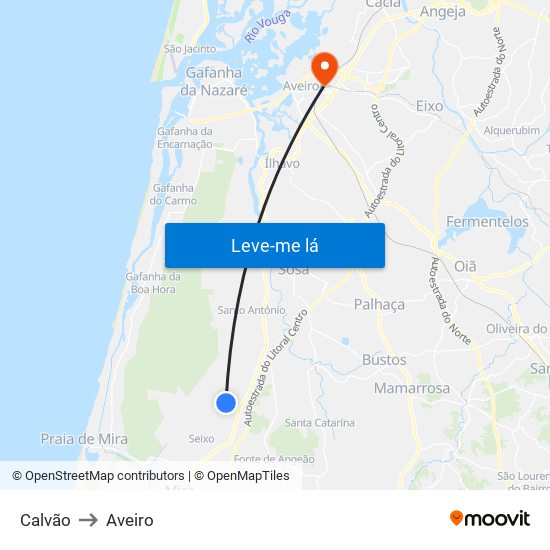 Calvão to Aveiro map
