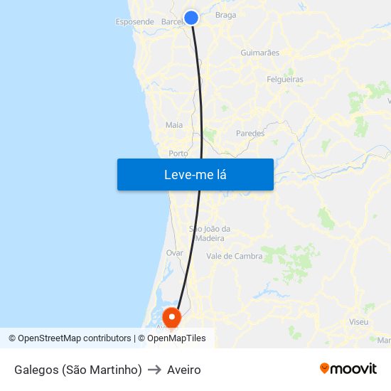 Galegos (São Martinho) to Aveiro map
