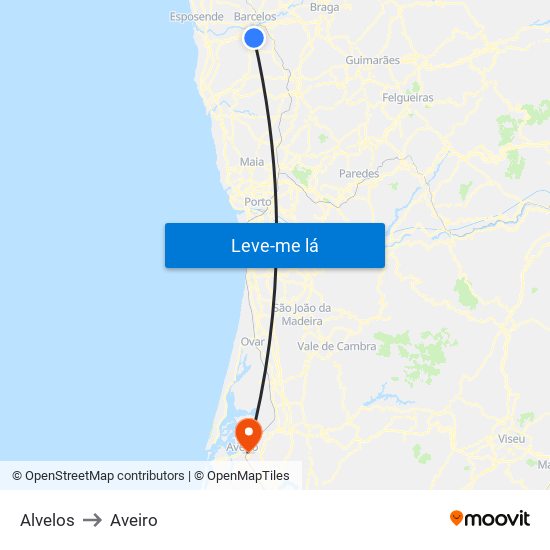 Alvelos to Aveiro map