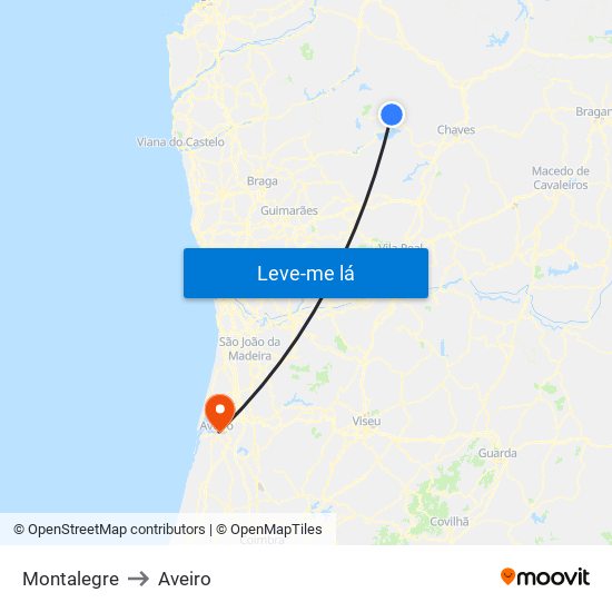 Montalegre to Aveiro map