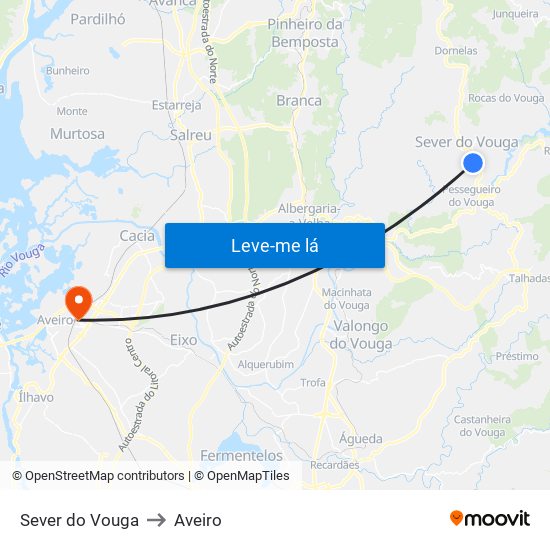 Sever do Vouga to Aveiro map