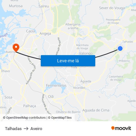 Talhadas to Aveiro map
