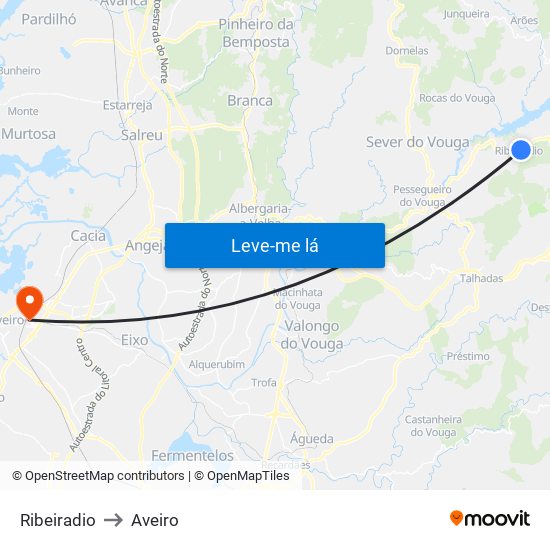 Ribeiradio to Aveiro map