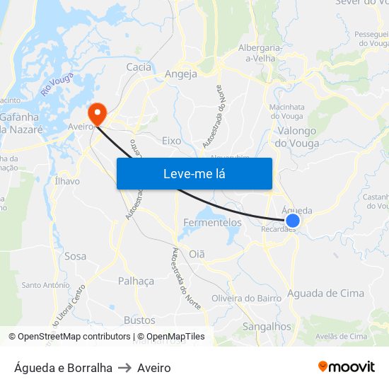 Águeda e Borralha to Aveiro map