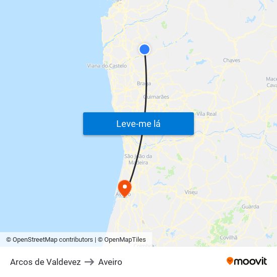 Arcos de Valdevez to Aveiro map