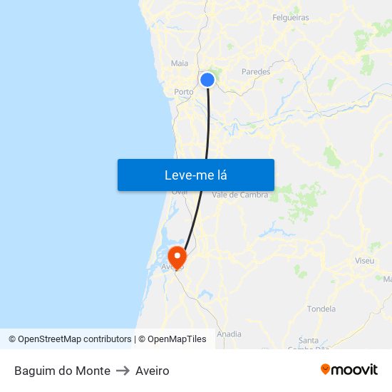 Baguim do Monte to Aveiro map