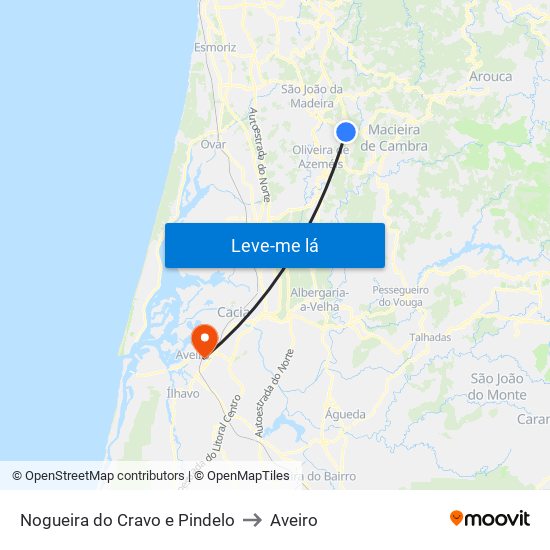 Nogueira do Cravo e Pindelo to Aveiro map