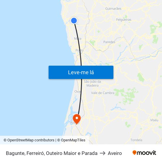 Bagunte, Ferreiró, Outeiro Maior e Parada to Aveiro map