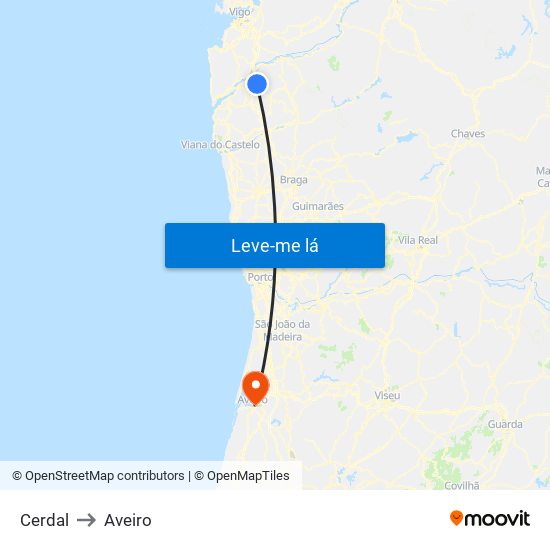 Cerdal to Aveiro map