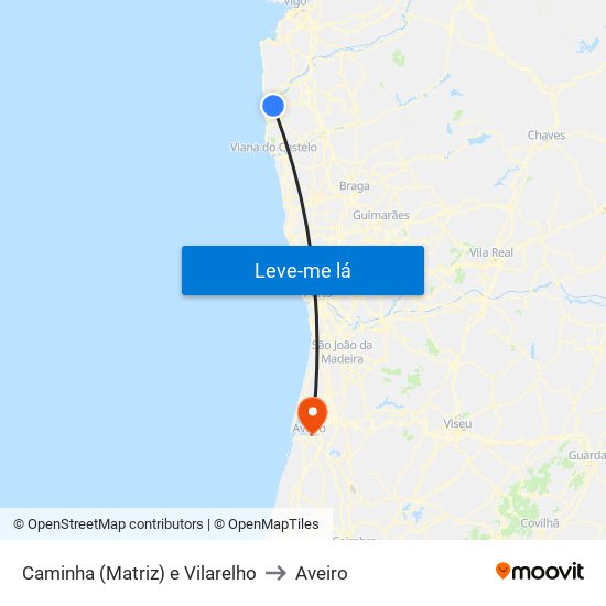 Caminha (Matriz) e Vilarelho to Aveiro map