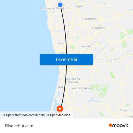 Silva to Aveiro map
