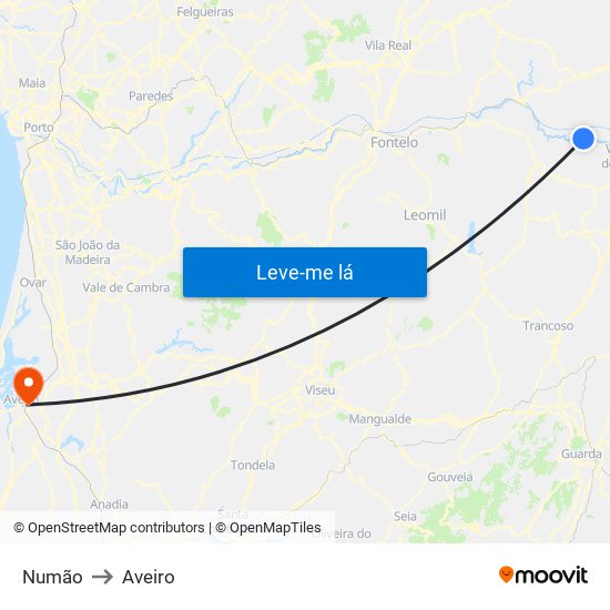 Numão to Aveiro map
