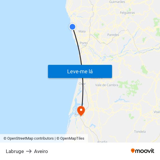 Labruge to Aveiro map