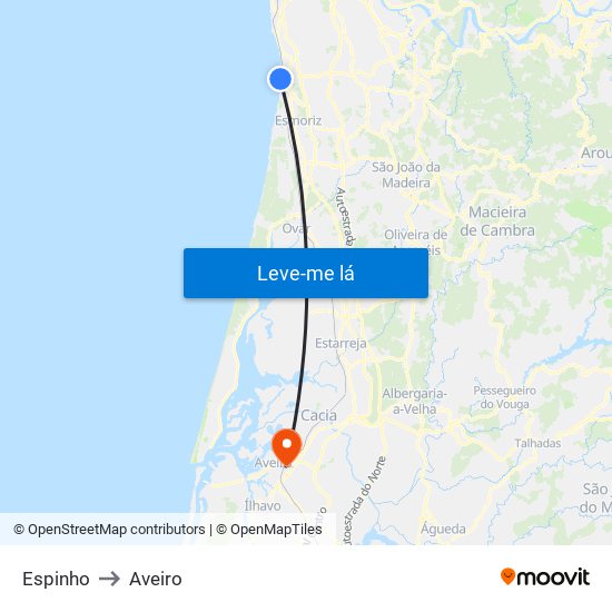 Espinho to Aveiro map