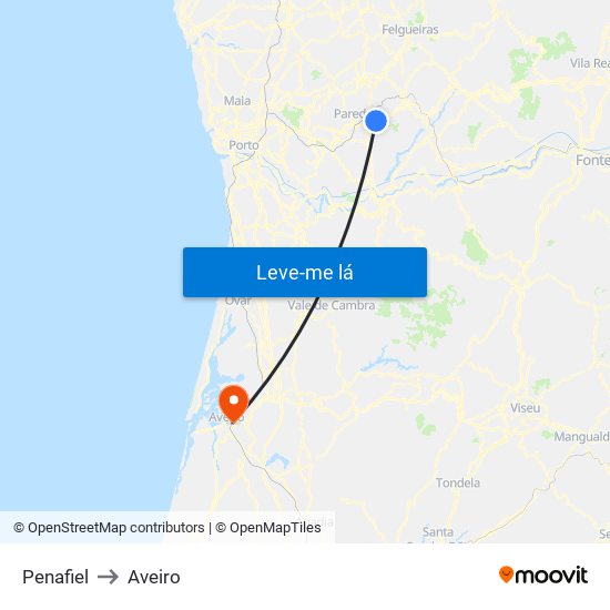 Penafiel to Aveiro map