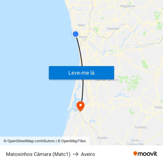 Matosinhos Câmara (Matc1) to Aveiro map