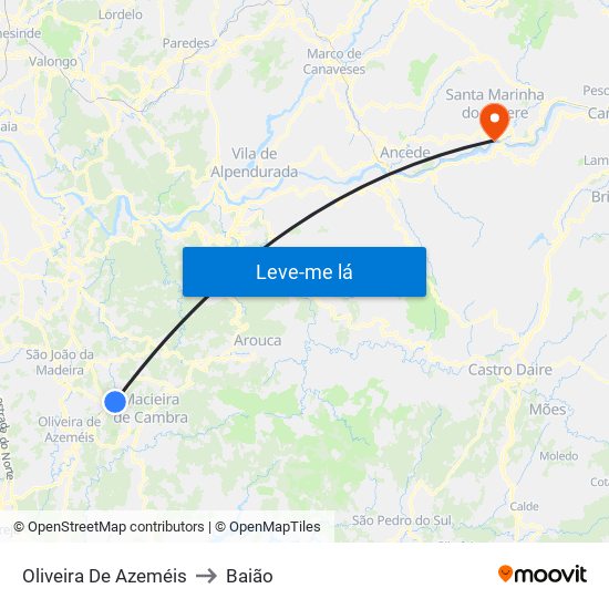 Oliveira De Azeméis to Baião map