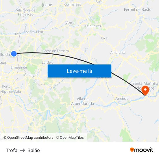Trofa to Baião map