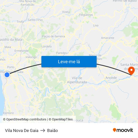 Vila Nova De Gaia to Baião map