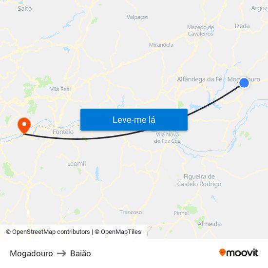 Mogadouro to Baião map