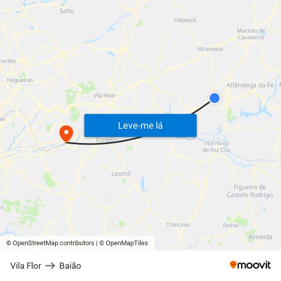 Vila Flor to Baião map