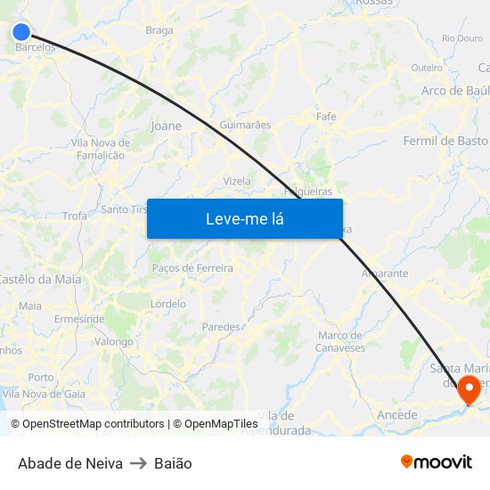 Abade de Neiva to Baião map
