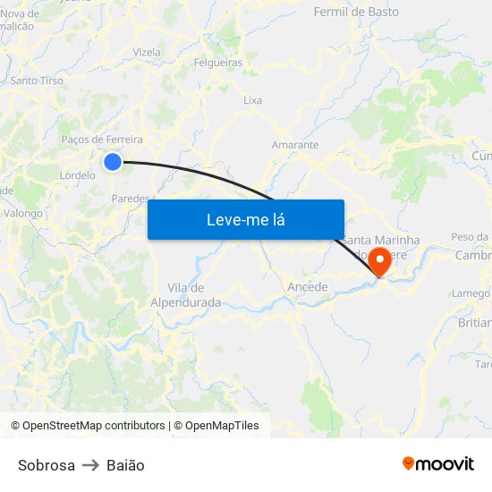 Sobrosa to Baião map