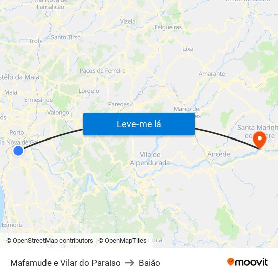 Mafamude e Vilar do Paraíso to Baião map