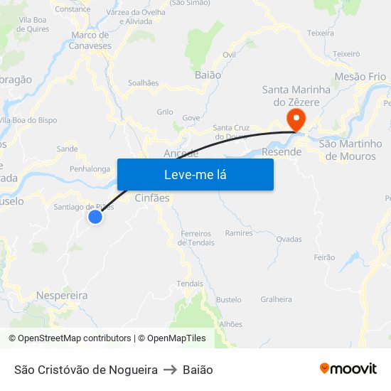 São Cristóvão de Nogueira to Baião map