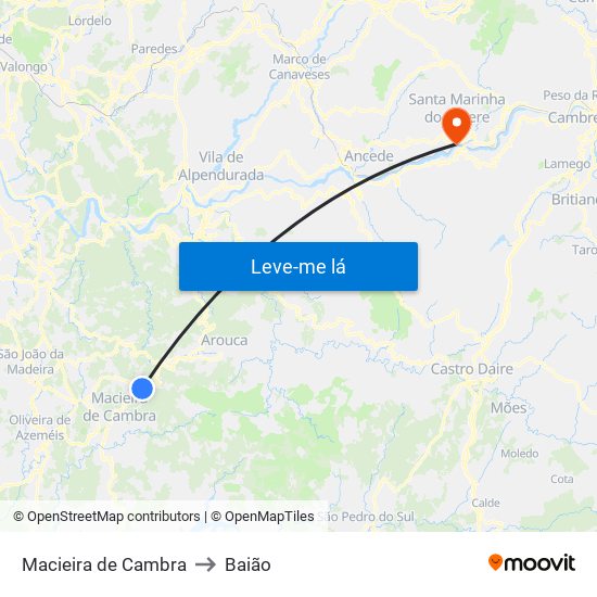 Macieira de Cambra to Baião map