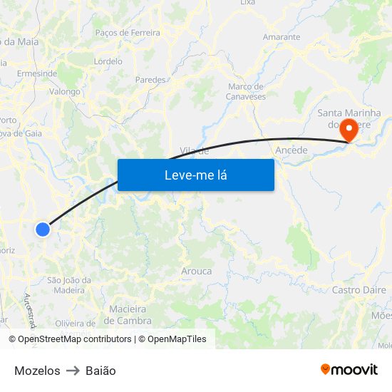 Mozelos to Baião map