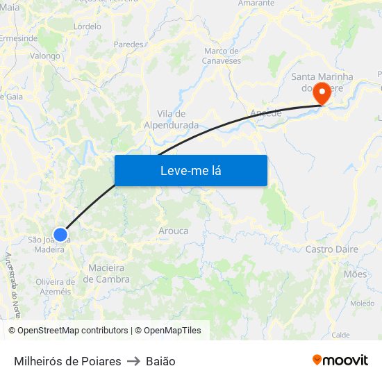 Milheirós de Poiares to Baião map