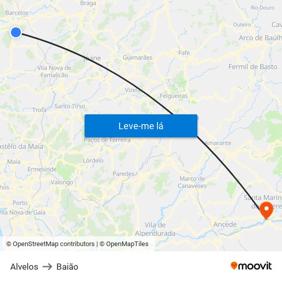 Alvelos to Baião map
