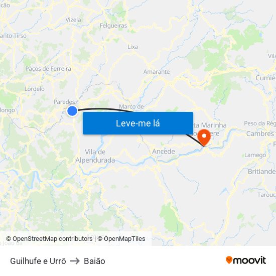 Guilhufe e Urrô to Baião map