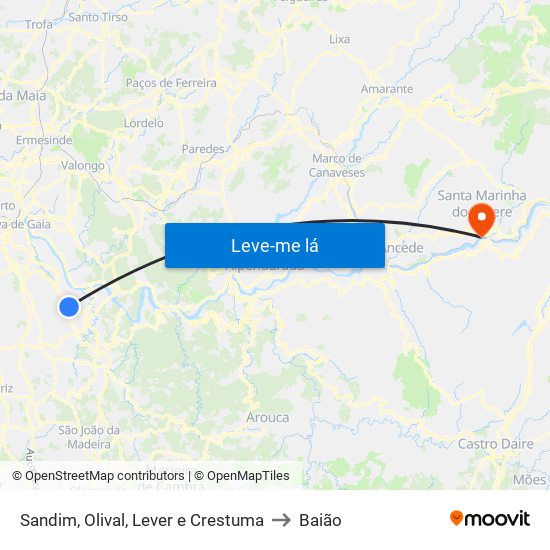 Sandim, Olival, Lever e Crestuma to Baião map