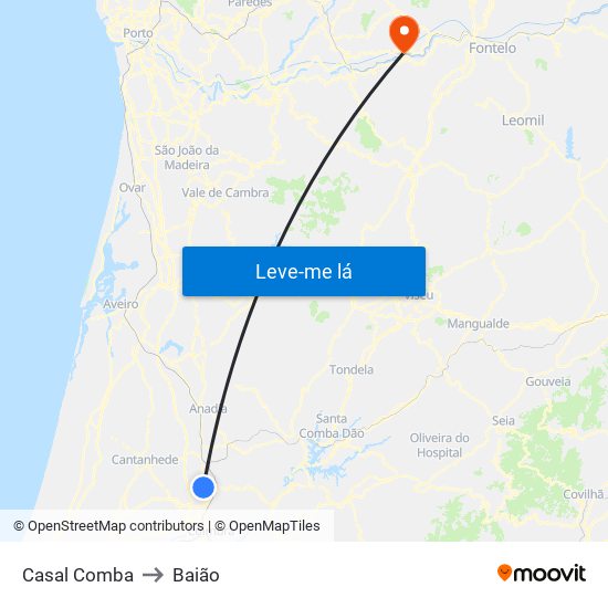 Casal Comba to Baião map