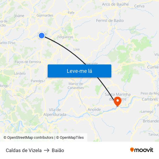 Caldas de Vizela to Baião map