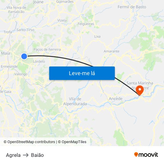 Agrela to Baião map