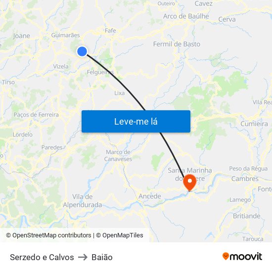 Serzedo e Calvos to Baião map