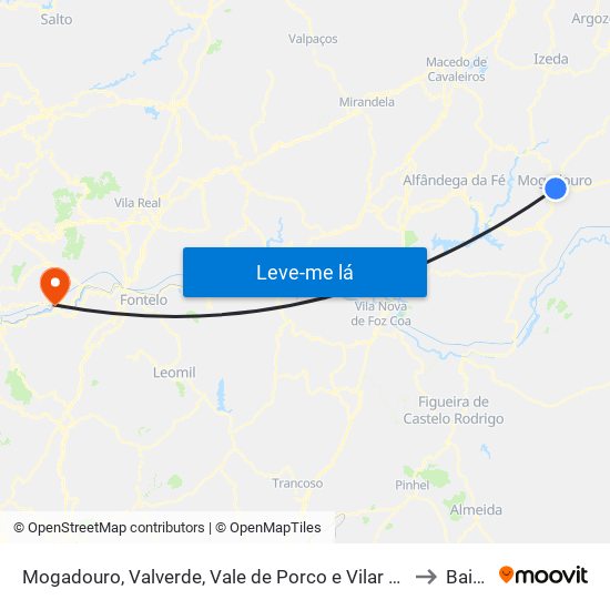 Mogadouro, Valverde, Vale de Porco e Vilar de Rei to Baião map