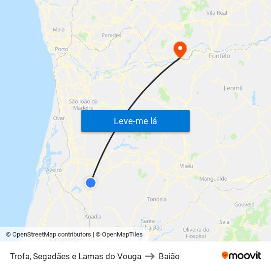 Trofa, Segadães e Lamas do Vouga to Baião map